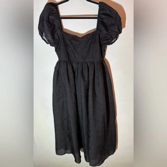 Lulus NWT Adorable Mood” Black Floral Jacquard Puff Sleeve Babydoll Dress Medium - Picture 7 of 14